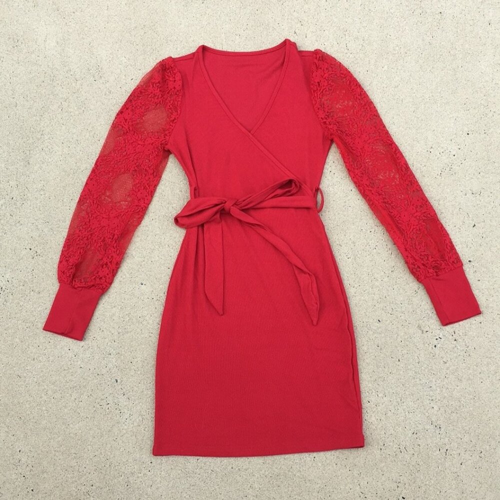 NWOT SHEIN Red Contrast Lace Belted Dress